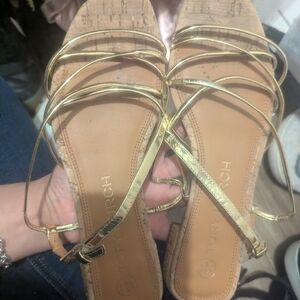 Tory Burch Gold Metallic Strappy Cork Sandals